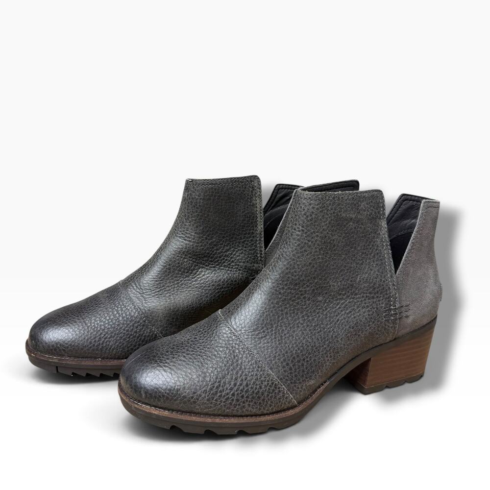 SOREL Cate Cutout Leather Ankle Boots Women's 10 Gray Taupe Block Heel NL3383-05